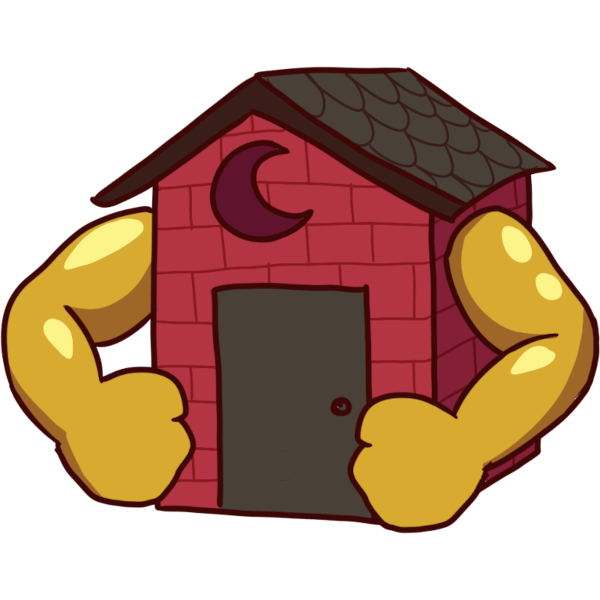 image of a red brick shack with a crescent moon vent cut at the top. the shack has two beefy yellow arms that are flexing